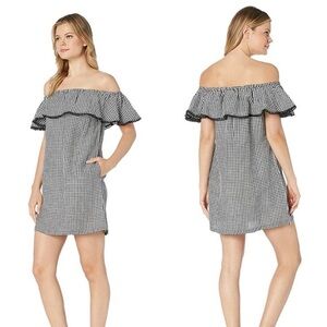 Tommy Bahama Gingham Linen Pompom Off The Shoulder Ruffle Dress Pockets coastal